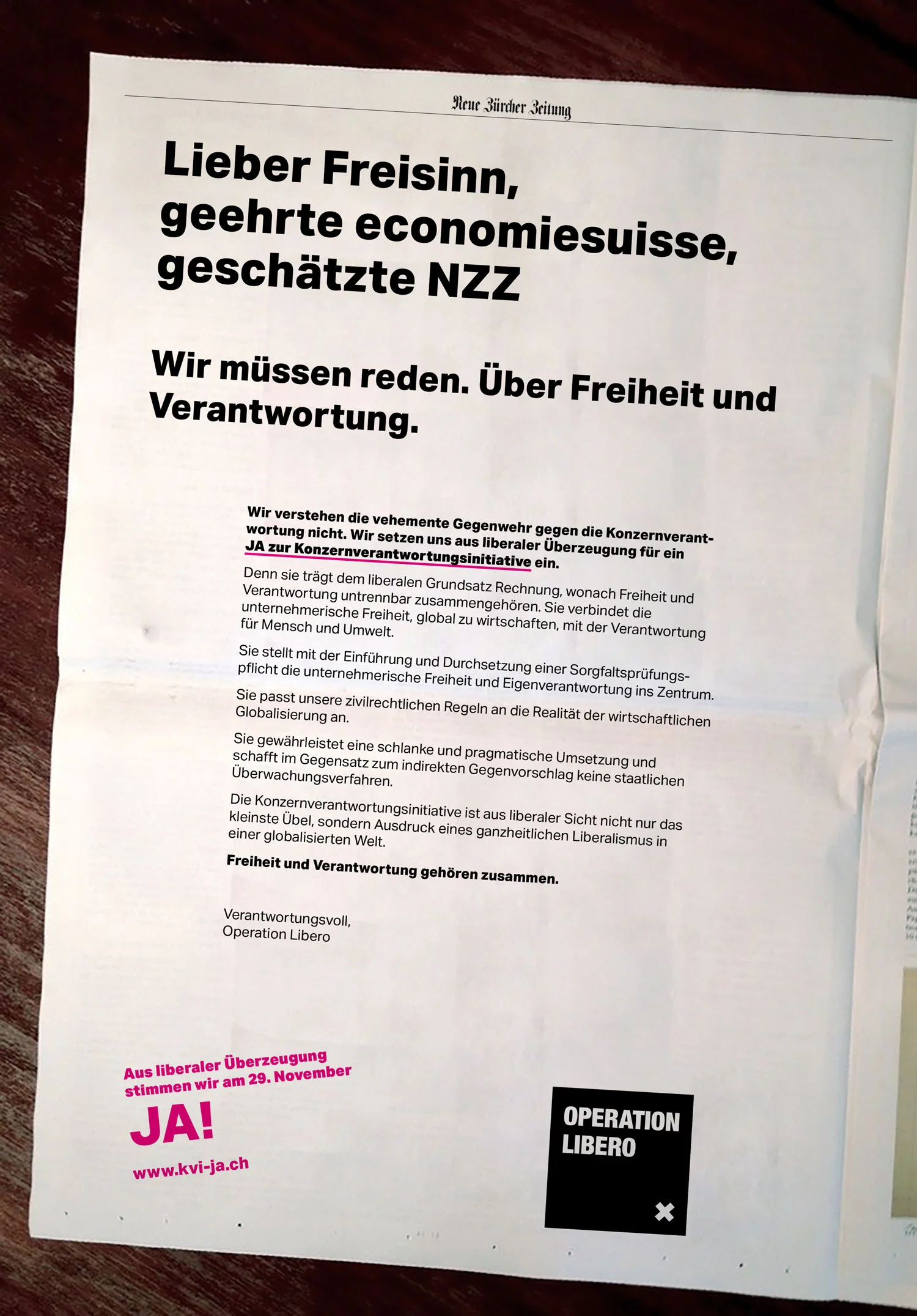 NZZ-Inserat Konzernverantwortungsinitiative Operation Libero
