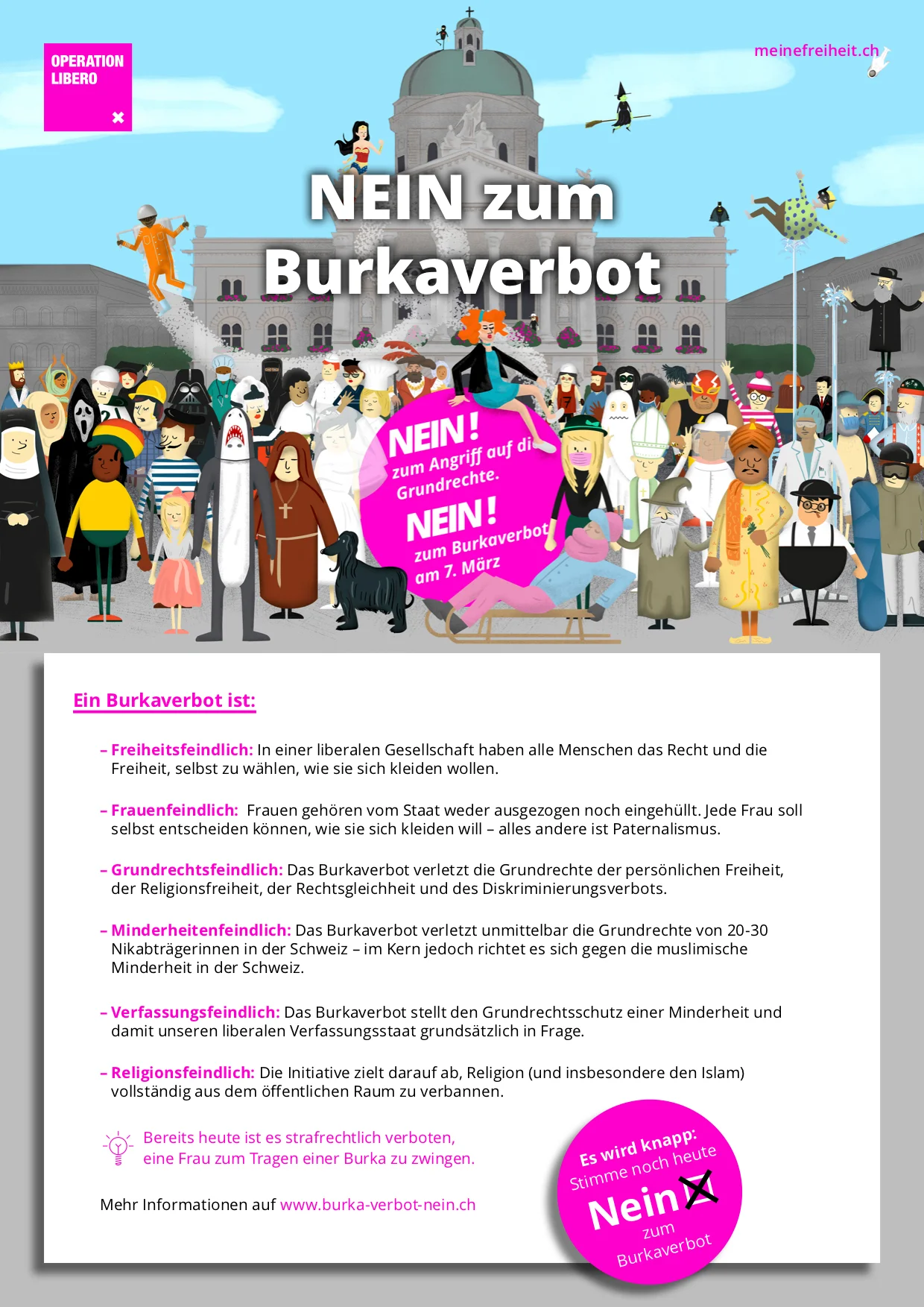Operation Libero Burkaverbot Flugblatt Farbig zum Ausdrucken
