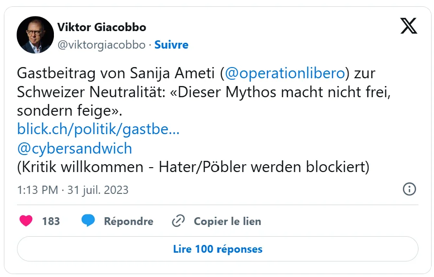 X-Post von Viktor Giacobbo über Sanija Ametis Gastbeitrag über die Schweizer Neutralität