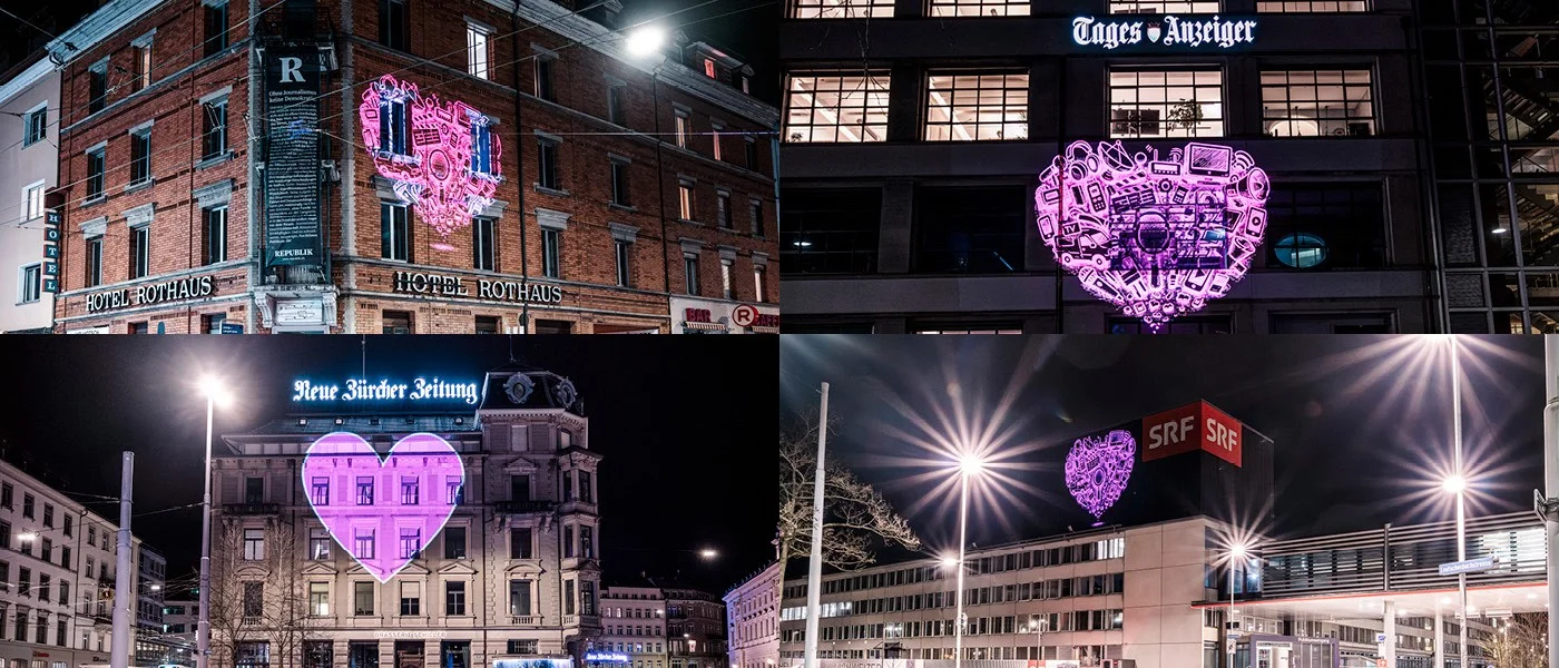 Danke liebe Medienschaffende, pinke Herzen auf Medienhäusern