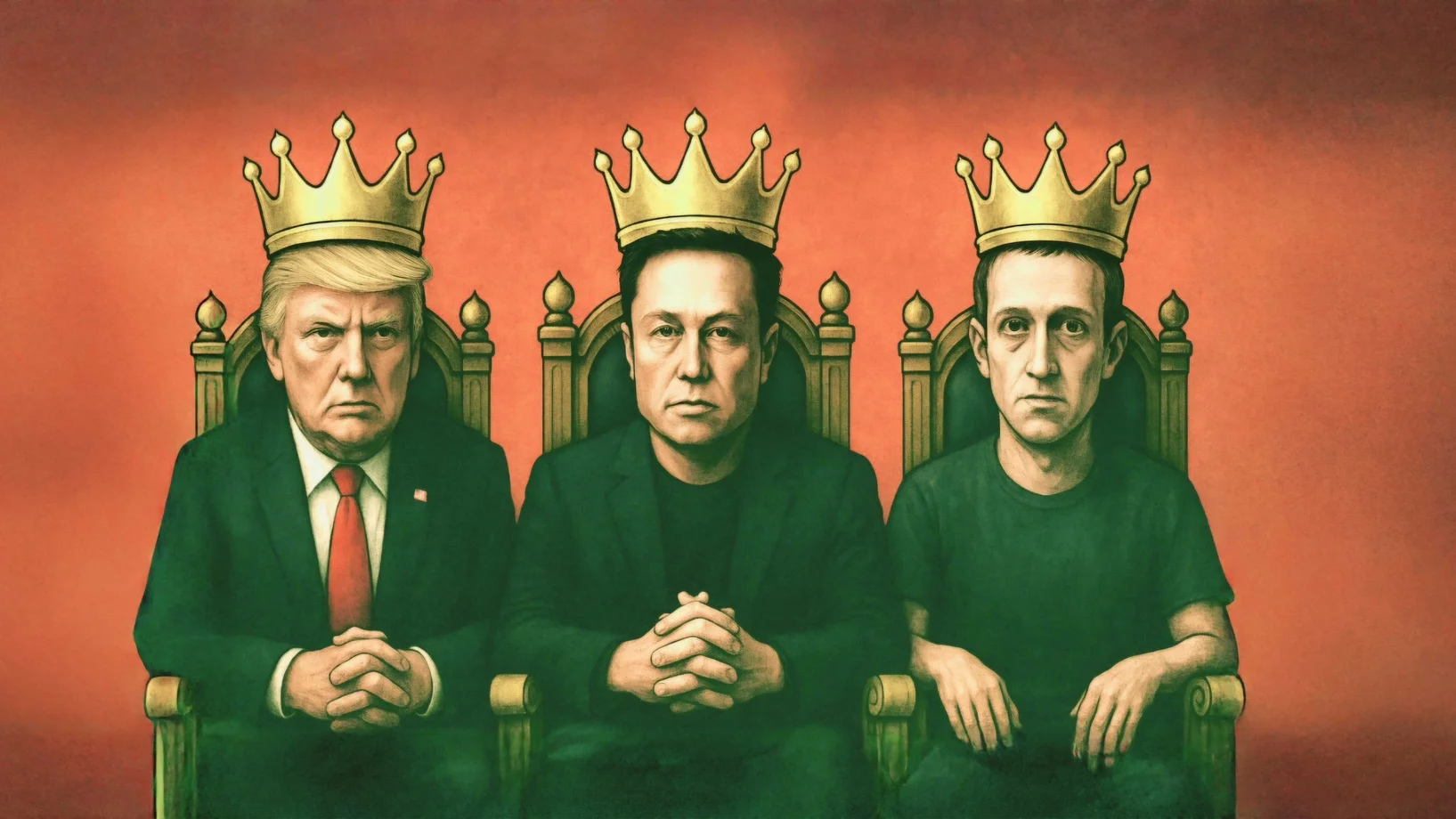 Tech-Imperien regulieren, Trump, Musk und Zuckerberg auf dem Thron